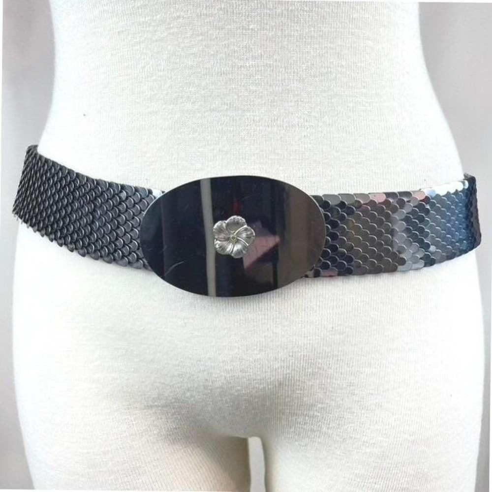 Vintage 80s Belt Womens (36") Silver Metal Chrome Scale Stretch Disco Glam Bling